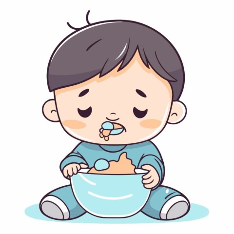 Illustration of a Cute Little Boy Eating a Bowl of Baby Food