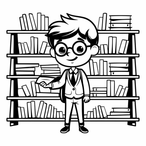 Schoolboy with glasses and bookshelf cartoon vector illustration