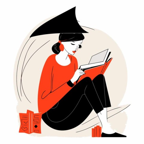 Vector illustration of a young woman sitting on the floor and re