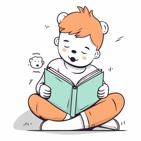 Cute little boy reading a book in cartoon style.