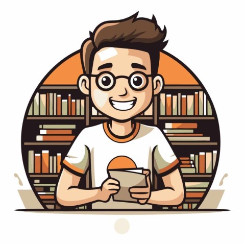 Young man reading a book in library in cartoon style.