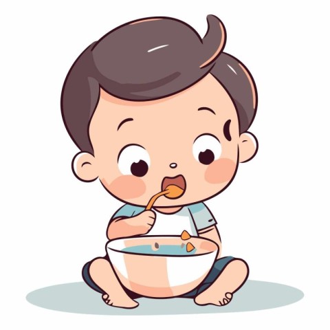 Cute little baby boy with bowl of food.