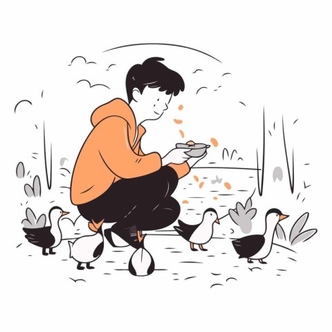 Illustration of a boy feeding ducks on a farm