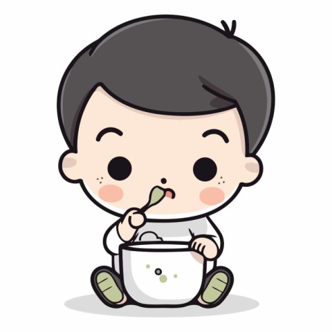 Cute boy eating soup - Cute cartoon character vector illustratio