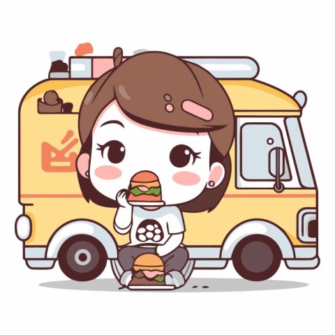 Boy eating hamburger and fast food truck character vector illust