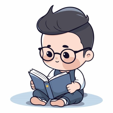 Boy Reading Book - Cute Cartoon Mascot Character Vector Illustra