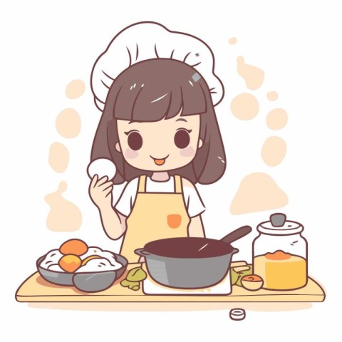 Illustration of a cute little chef girl cooking in the kitchen.