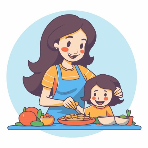 Mother and daughter cooking food together in cartoon style.