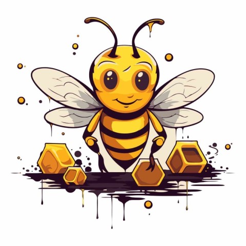 Vector illustration of cute cartoon bee with honeycombs on white