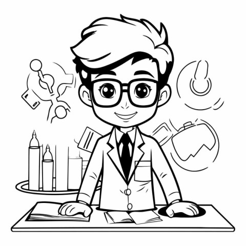 Black and White Cartoon Illustration of a Young Man Student Stud