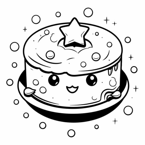 Black And White Cartoon Illustration of Cute Birthday Cake with