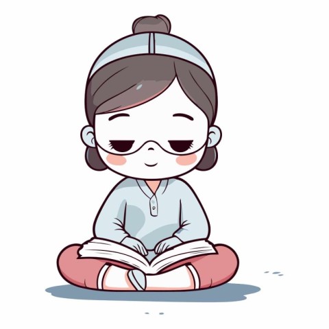 Little girl reading a book in a cartoon style.