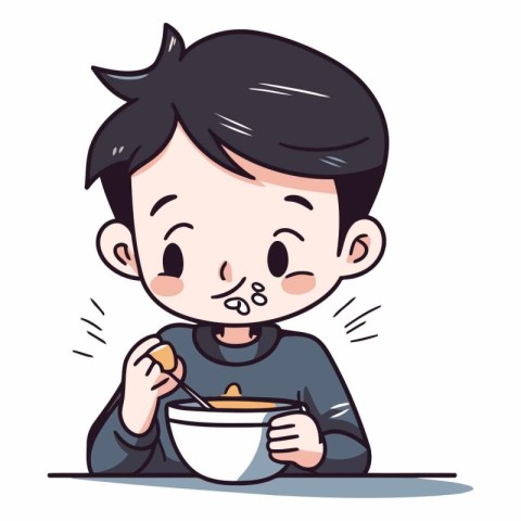 Illustration of a boy eating soup in a bowl. Vector.