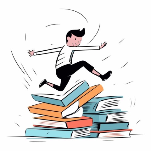 Man jumping on pile of books in flat cartoon style.