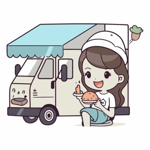 A woman eating in front of a food truck.