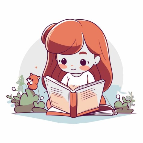 Cute little girl reading book in cartoon style.