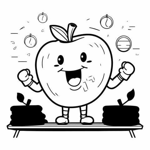 Black And White Cartoon Illustration of Cute Apple Fruit Mascot