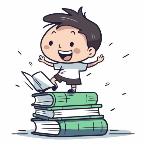 Boy standing on pile of books in cartoon style.