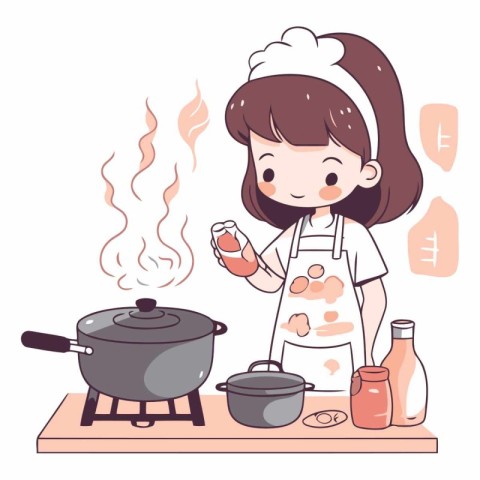 Illustration of a Cute Girl Cooking in the Kitchen. Vector