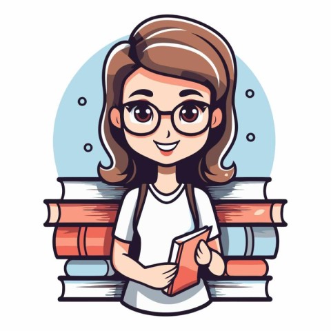 Cute cartoon girl with glasses and books. Education concept.