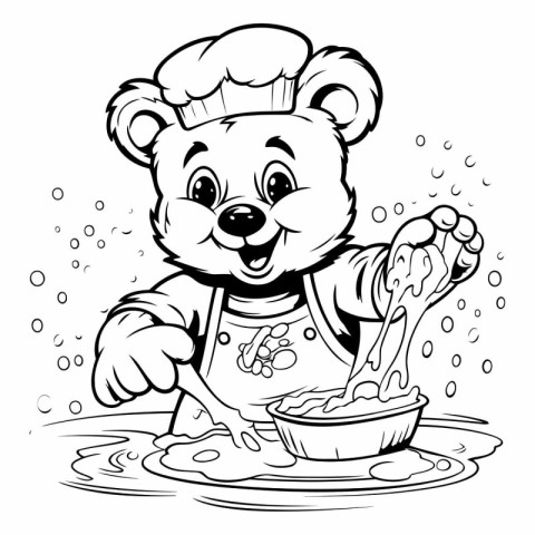 Black and White Cartoon Illustration of Cute Baby Bear Chef Char