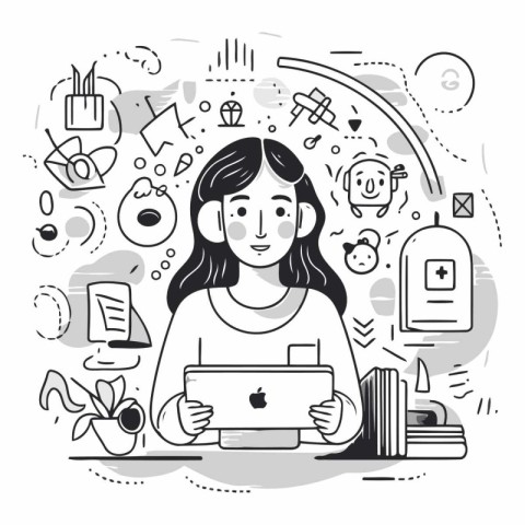 Vector line art illustration of a girl with laptop on white back