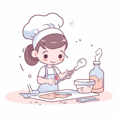 Illustration of a little girl in a chef's hat preparing a meal