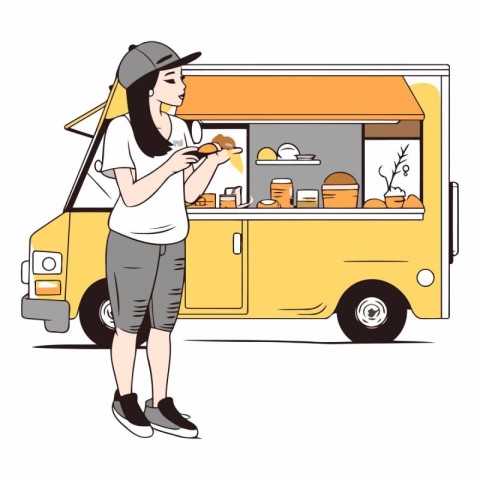 Food truck with a young woman in a cap.