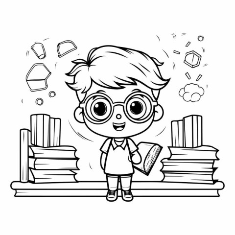 cute little student boy with pile of books characters vector ill