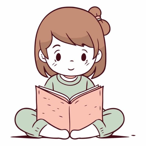 Illustration of a Cute Little Girl Reading a Book on White Backg