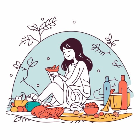 Vector illustration of a woman eating healthy food in the park.