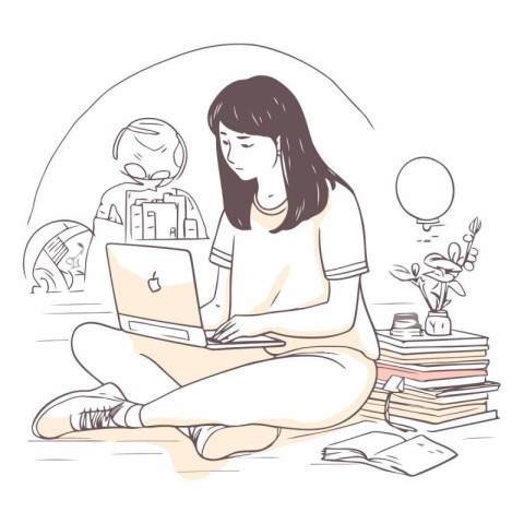 Young woman sitting on the floor with laptop and books.