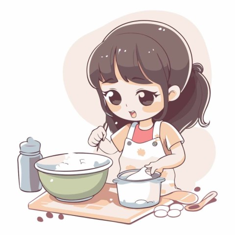 Illustration of a Little Girl Baking with Her Spoon and Bowl