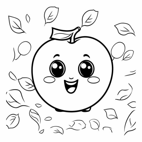 Smiling apple with leaves. Coloring book for children.