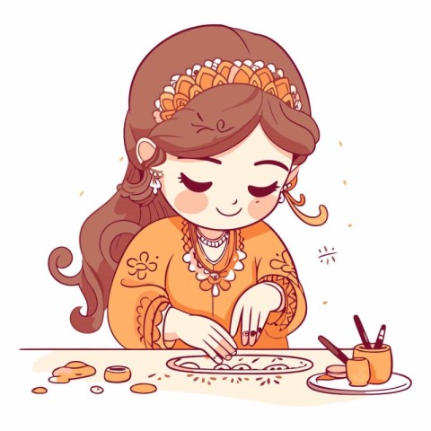 Cute little girl making dumplings. Vector cartoon illustration.