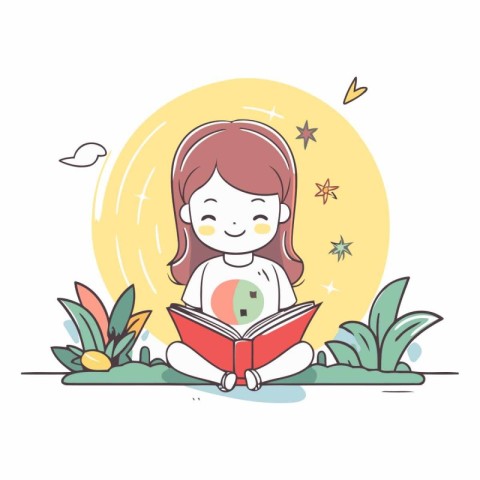 Little girl reading a book in the garden. Cute cartoon vector il