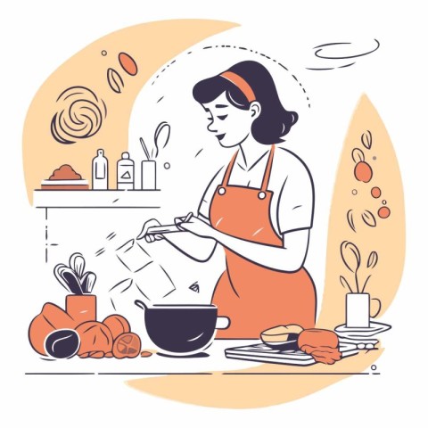 Woman cooking in the kitchen in doodle style