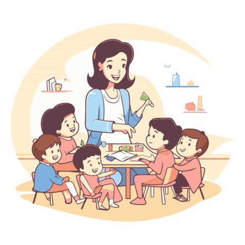 Mother and children in the kindergarten in cartoon style.