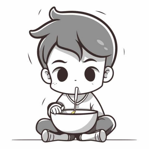 Illustration of a boy eating soup while sitting on the floor.