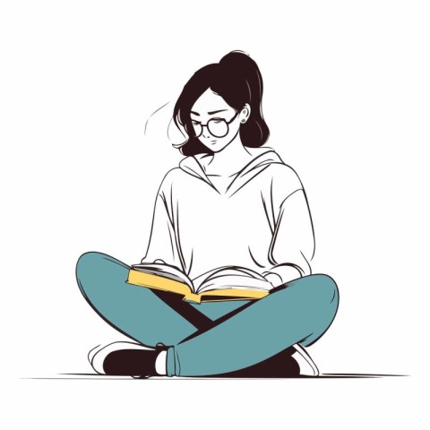 Young woman sitting and reading a book in sketch style.