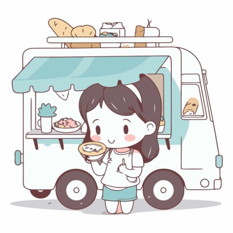 Illustration of a little girl eating a donut in a truck