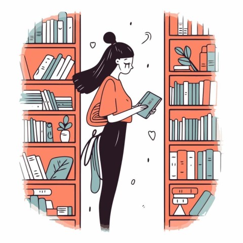 Vector illustration of a girl reading a book in the library. Lin