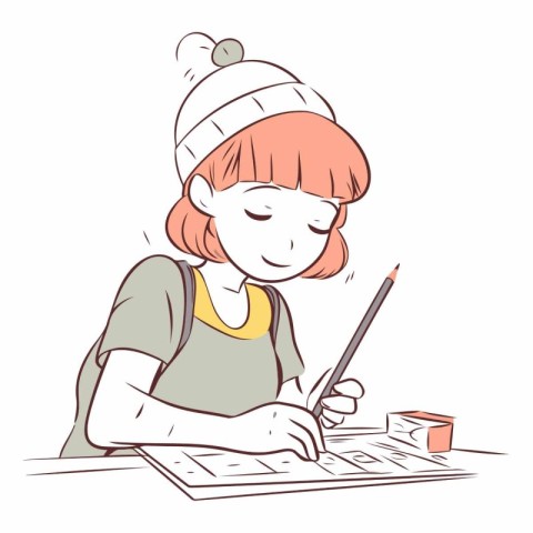 Illustration of a young woman doing her homework on a white back