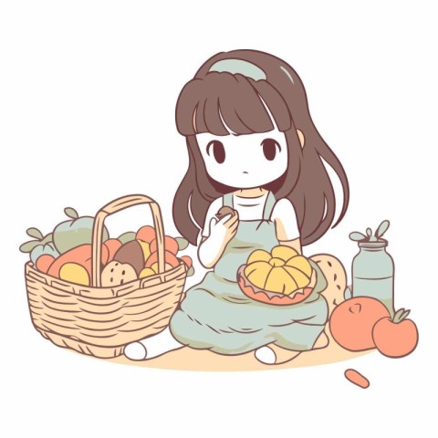 Illustration of a Cute Little Girl with a Basket Full of Fruits