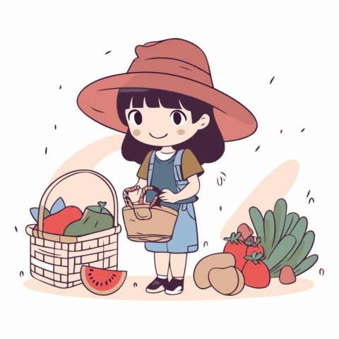 Cute little girl with a basket full of fruits and vegetables.