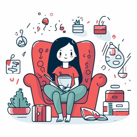 Vector illustration of a girl sitting in an armchair and reading