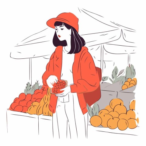 Vector illustration of a girl in a red coat and hat buying fruit