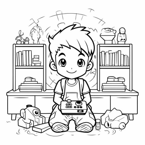 Boy playing video games. Black and white vector illustration for