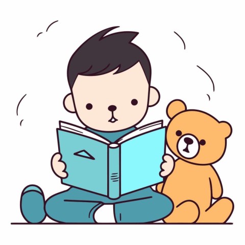 Cute little boy reading a book with teddy bear.