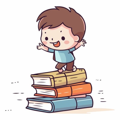 Cute boy standing on pile of books and smiling.